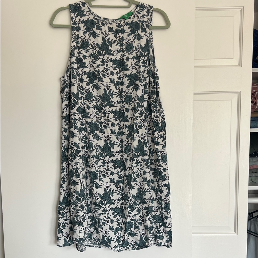 dip White Midi Dress with Dark Green Botanical Print